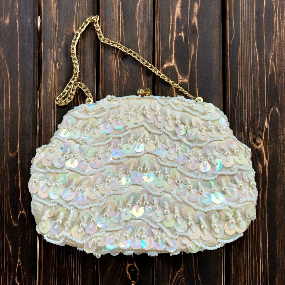 Iridescent Satin Sequin Chain Clutch Mini White Beaded Sequins Bag Gold - Picture 4 of 7